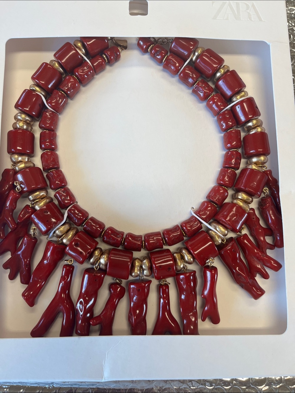 Zara Pack of 2 Coral Necklaces with Resin Red & Gold NWT